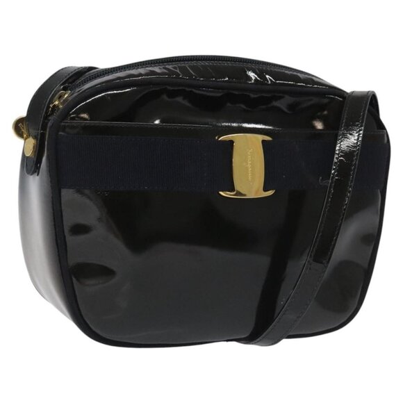 Salvatore Ferragamo Vala Shoulder Bag Patent leather Black Gold Auth bs23082 - Picture 1 of 16